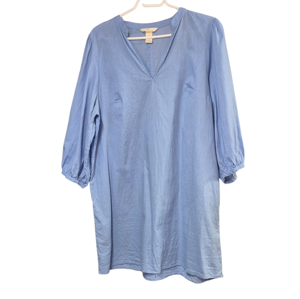 H & M A Line Dress Women's Size Large Blue Linen Blend Balloon Sleeves V Neck
